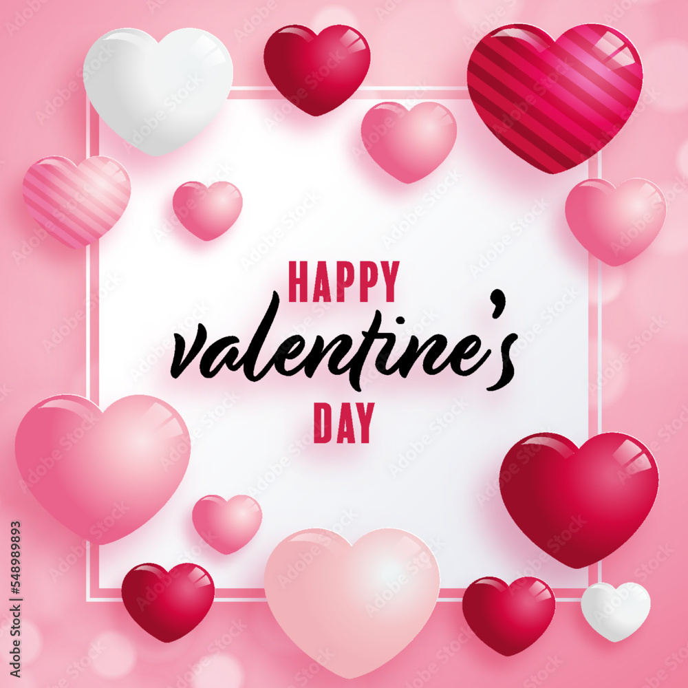 Valentines day  poster with red and pink hearts on background.
