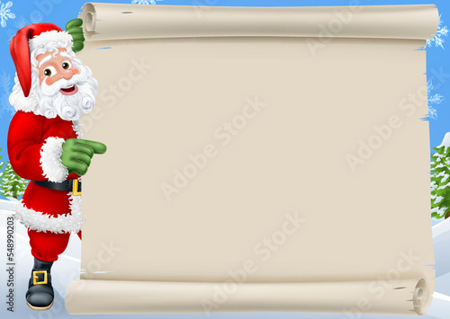 A Santa Claus sign background cartoon border with Father Christmas peeking a round a scroll and pointing
