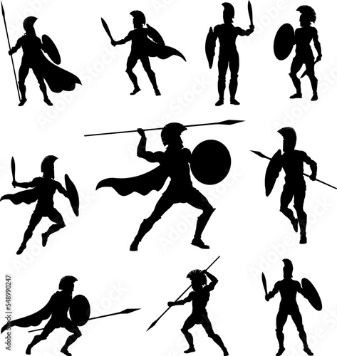 A set of Spartan or Trojan ancient Greek hoplite warrior silhouettes. Could also be Roman gladiators.
