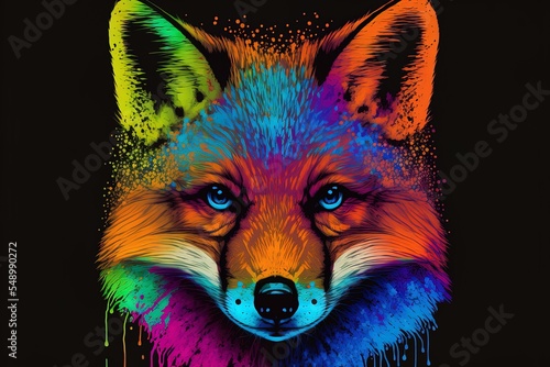 A fox's head is shown in neon colors on a black backdrop in this pop art watercolor splatter abstract painting.