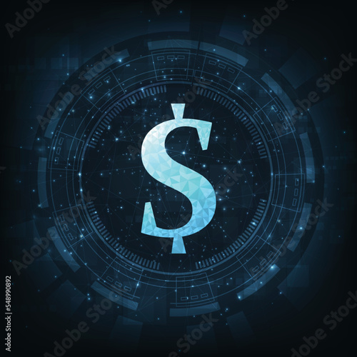 Futuristic glowing low polygonal dollar symbol design.Digital dollar sign icon. Financial Technology Concept or FinTech on dark blue technology background.