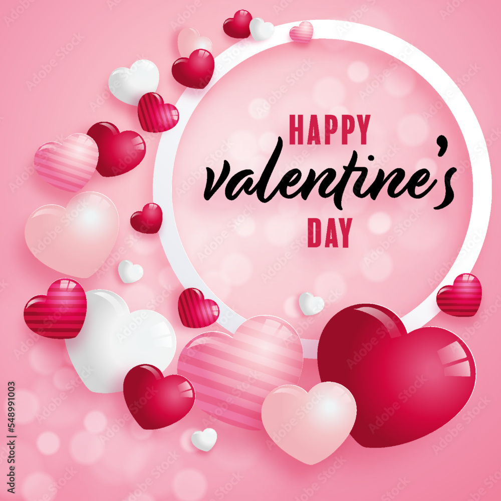 Valentines day  poster with red and pink hearts on background.
