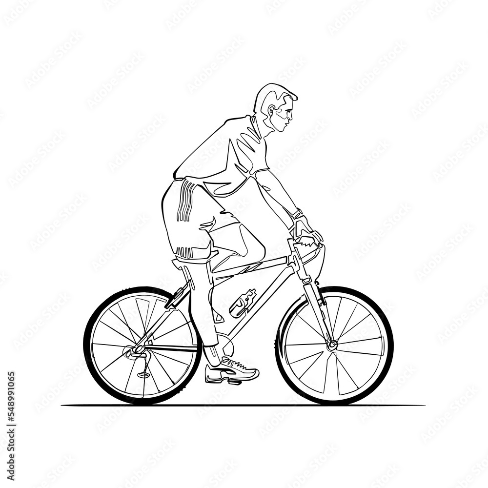 Naklejka premium Man riding a bike, continuous line vector portrait of cyclist