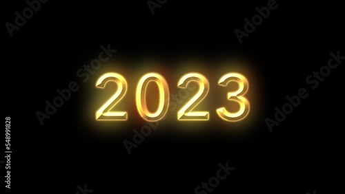 2023 tittle animation on a black background with particles. Happy New Year 2023 Greetings Card Abstract Blinking Sparkle Glitter Particle. Merry Christmas. Gold and black