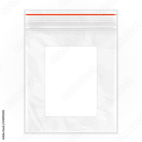 Mockup Blank Flat Poly Clear Bag Empty Plastic Polyethylene Pouch Packaging With Zipper, Ziplock, Lable. Illustration Isolated On White Background. Mock Up Template. Ready For Your Design. Vector