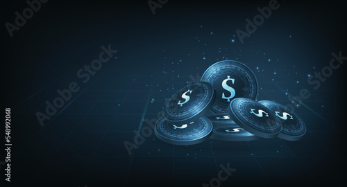 Futuristic glowing low polygonal dollar coin design.Digital dollar sign icon. Financial Technology Concept or FinTech on dark blue technology background.