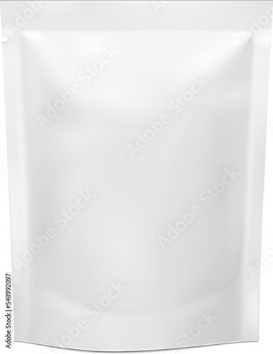 Mockup Blank Foil Food Stand Up Flexible Pouch Sachet Bag Packaging. Illustration Isolated On White Background. Mock Up, Mockup Template Ready For Your Design. Vector EPS10