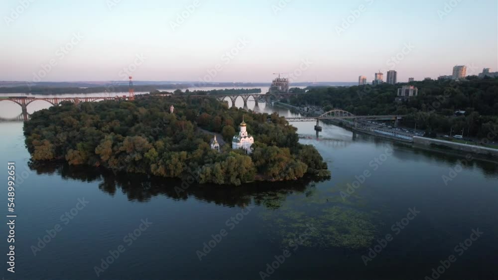 Drone flight around the Church of St. Nicholas in the city of Dnepropetrovsk on the monastery island. Drone flight around the Church of St. Nicholas in the city of Dnepropetrovsk on the monastery island.