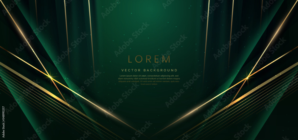 Abstract elegant dark green background with golden line and lighting ...