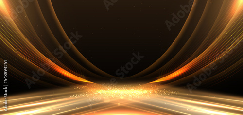 Elegant golden scene diagonal glowing with lighting effect sparkle on black background. Template premium award design.