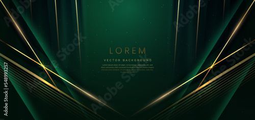 Abstract elegant dark green background with golden line and lighting effect sparkle. Luxury template design.