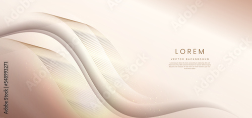 Abstract 3d light brown background with gold lines curved wavy sparkle with copy space for text.