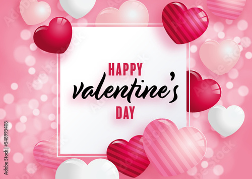 Valentines day  poster with red and pink hearts on background.
