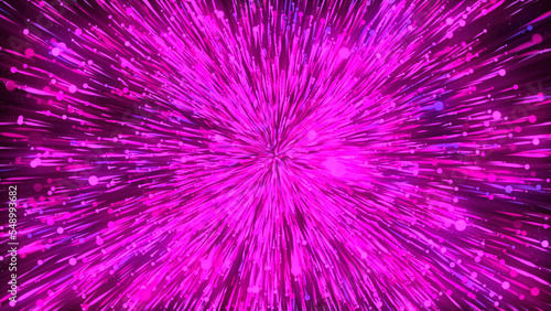 Magic pink animation with sphere of particles and rays becoming smaller. Motion. Particles moving towards the screen center.