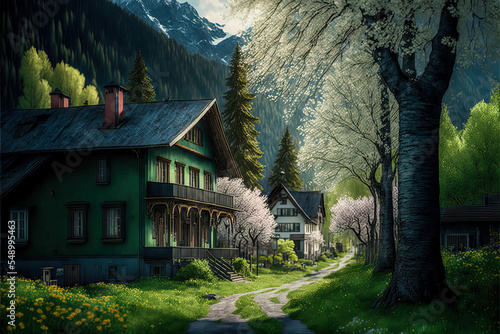 Ländliches Dorf Haus in den Alpen im Frühling Schweiz Österreich Bayern Ruhe und Beschaulichkeit AI Art Digital Illustration