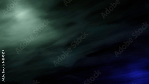 Abstract surreal background with green and blue flowing clouds. Design. Night realistic sky.