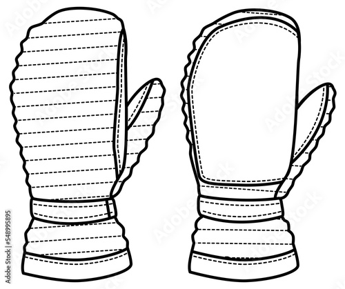 winter gloves, quilted mittens flat sketch vector illustration technical cad drawing template