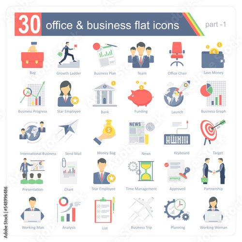 A set of 30 icons for office, business and day to day business activities including planning, meeting, strategy and so on
