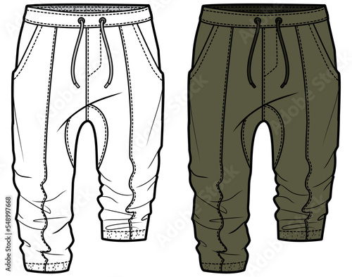 mens low crotch sports pant drawstring waist jogger pant flat sketch vector illustration technical cad drawing template