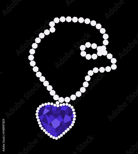 The Heart of The Ocean necklace. Vector illustration of a blue diamond in a heart-shaped. Diamond necklace isolated on the black background