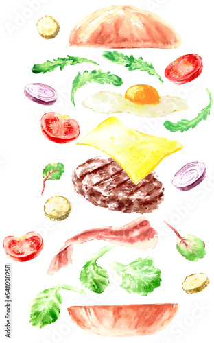 Layered burger recipe watercolor illustration with vegetables slices