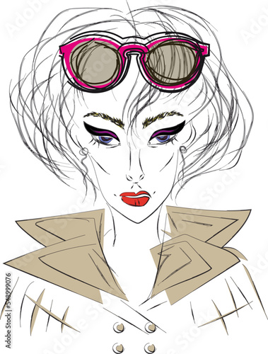 Model with lush hairstyle, eye arrows, bold makeup, beige trench coat, sunglasses with pink frame. Retro style, 60s