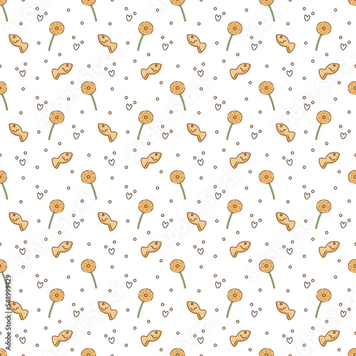 Pattern with lollipop and cookies. Cute seamless pattern with orange lollipop and fish cookies. Cartoon doodle vector illustration.