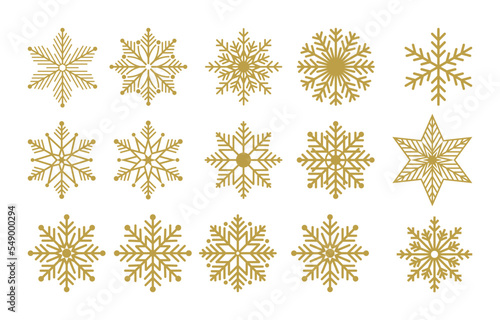Set of gold vector snowflake, Christmas, winter luxury ornament paper cut craft, print design, pattern, DIY. card