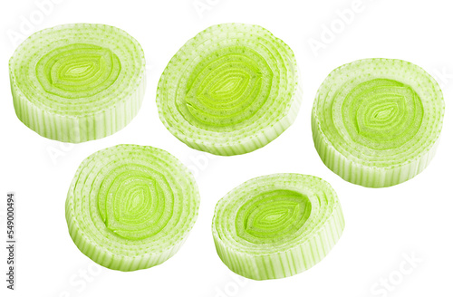 leek pieces isolated on white background. the entire image in sharpness. photo