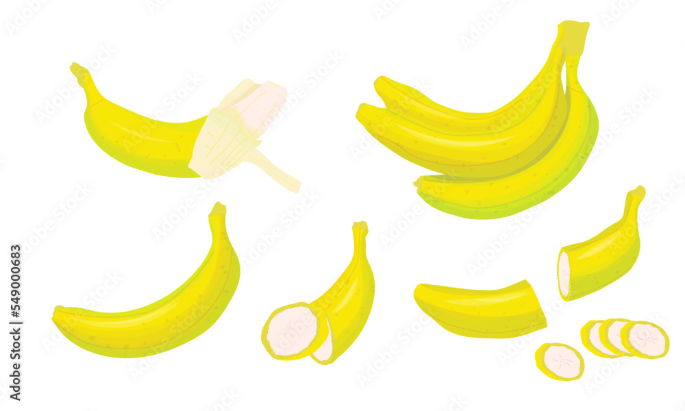 Watercolor bananas. Peel banana, isolated on white background, banana vector illustration set
