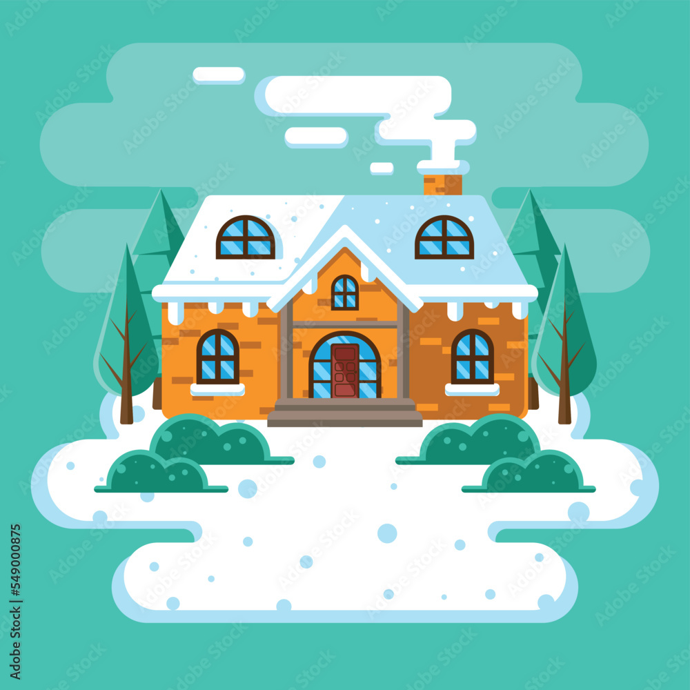 A house in winter with flat design