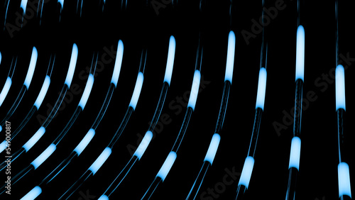 Abstract bended dark tubes with moving long lights on a black background. Design. Technological pattern with light bulbs.