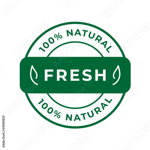 100 % Fresh and Natural product label, icon, sign, logo. Sticker for fresh products. Fresh food stamp and badge. Vector illustration.
