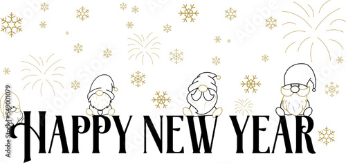 postcard from christmas and new year with gnomes and snowflakes. minimalist greeting card with gold and black color