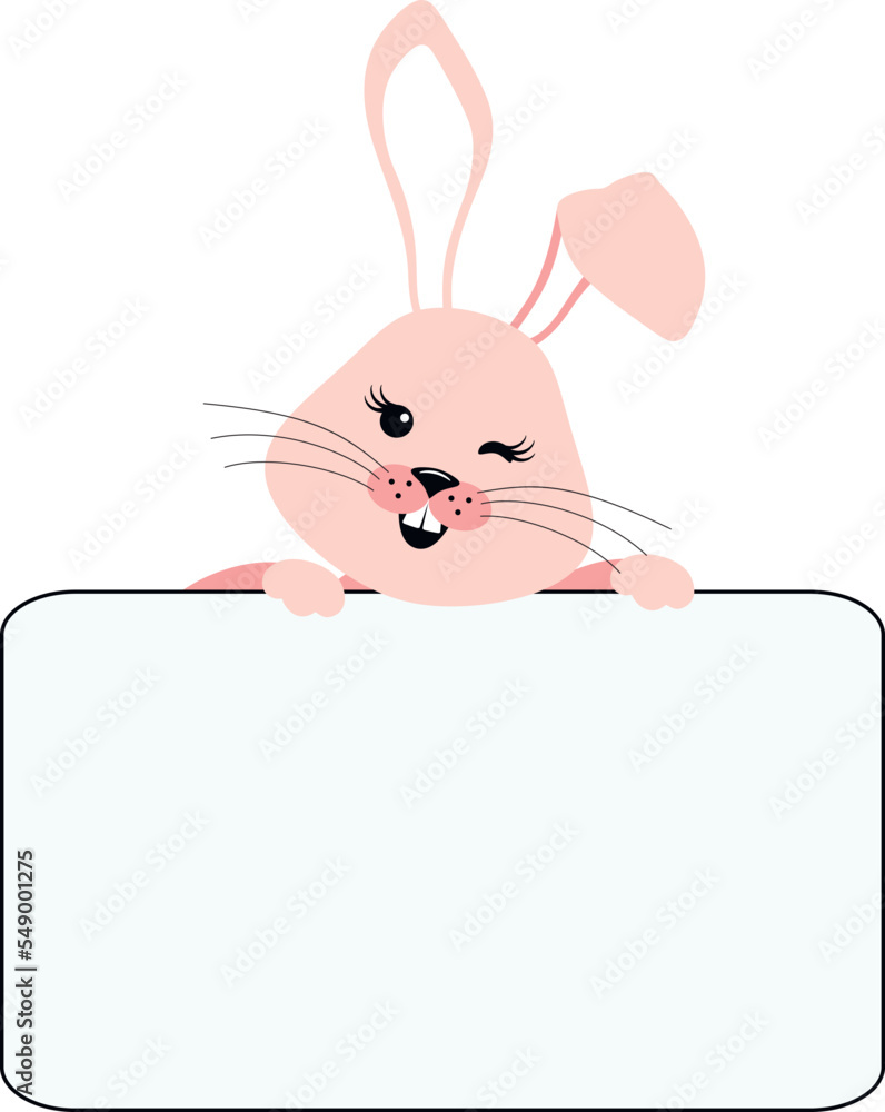 Obraz premium Cheerful rabbit with a blank sign where you can place your text. Congratulatory vector element for the year of the year of the rabbit, children's themed holiday.