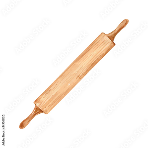 wooden rolling pin. watercolor. wooden rolling pin for dough and baking. vector illustration
