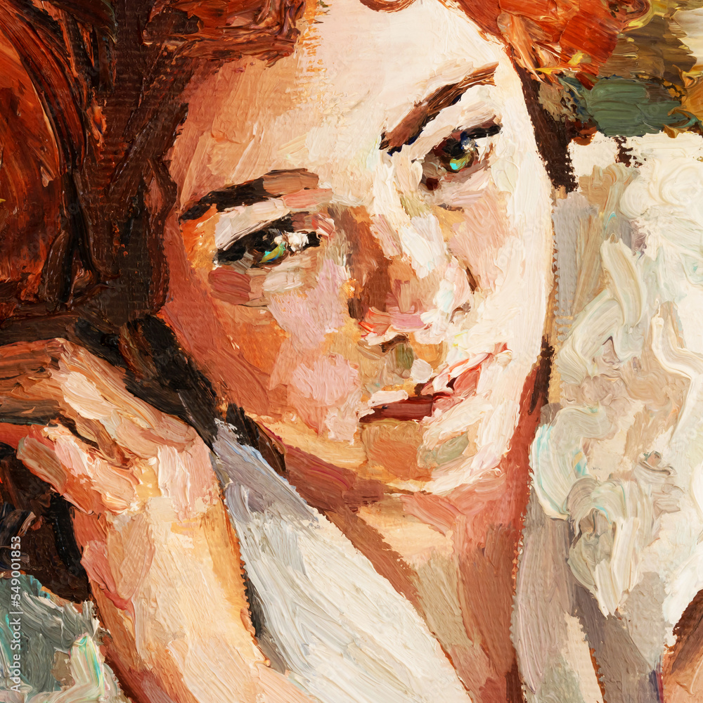 Portrait of young beautiful red-haired girl with blue eyes on a ocher background. Oil painting on canvas..