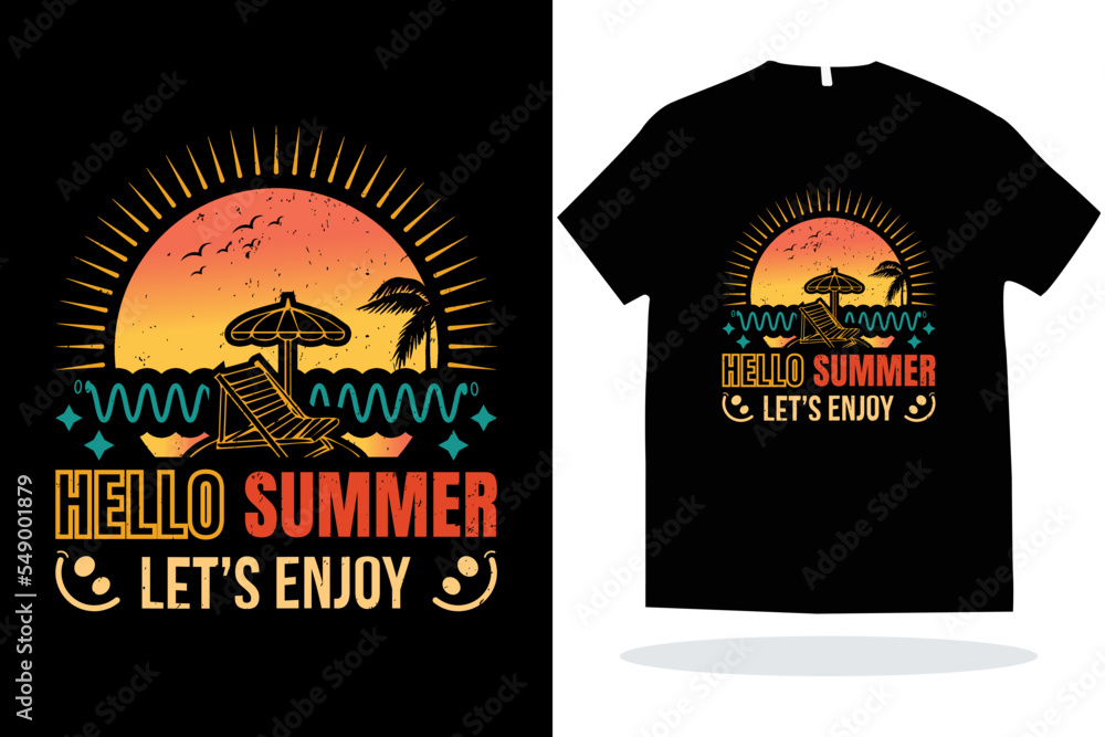 Hello summer lets enjoy t shirt design. summer vacation retro vintage t shirt vector