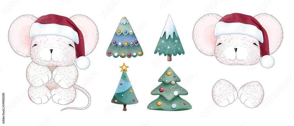 Christmas constructor or designer, consisting of a cute cartoon baby mouse or mousekin in a red hat in full growth, head, paws and 4 decorative Christmas trees.Digital illustration in watercolor style