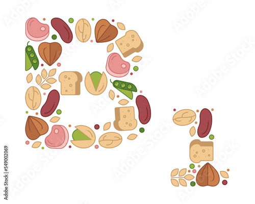 Vitamin B1 poster. Composition of products containing B1 in the shape of the letter. Vector illustration