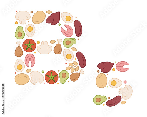 Vitamin B5 poster. Composition of products containing B5 in the shape of the letter. Vector illustration