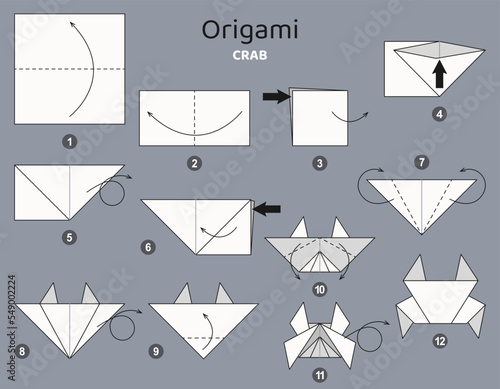 Photos Origami tutorial. Origami scheme for kids. Crab.