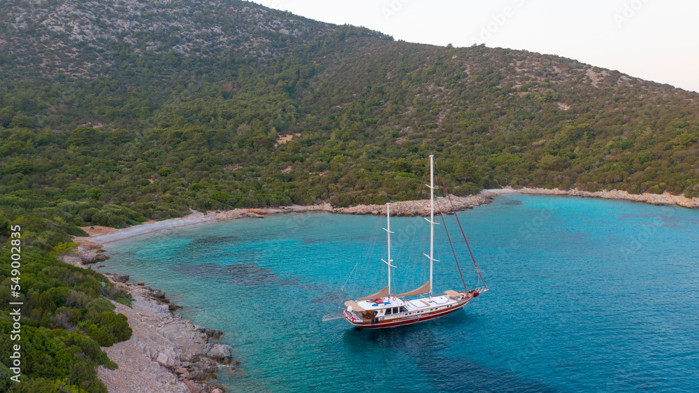 Aerial view of Sailing Gulet. A gulet is a wooden classic yacht built usually in Bodrum or Marmaris from the southwestern coast of Turkey. 