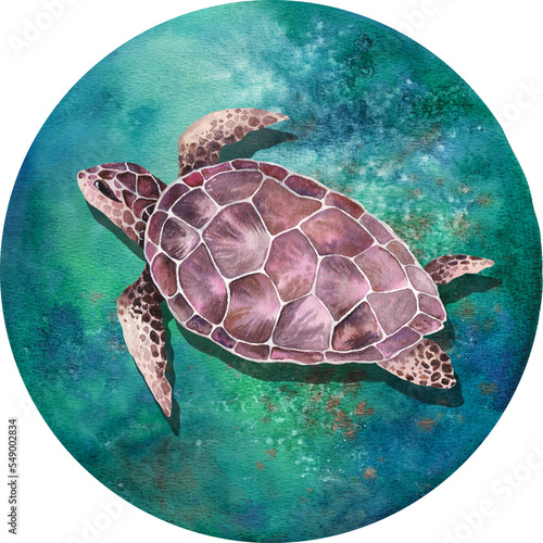 Watercolor Sea Turtle Under Water Round Sublimation photo