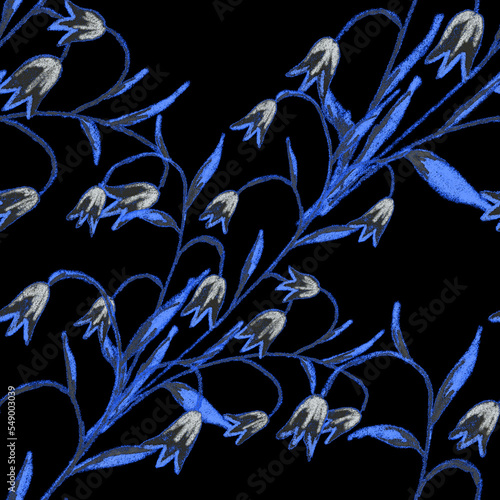 Creative seamless pattern with abstract flowers drawn with wax crayons. Brigh...
