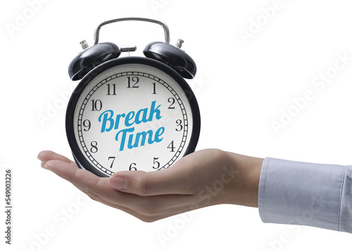 PNG file no background Hand holding a vintage alarm clock with break time message