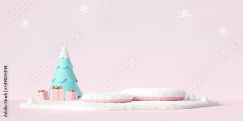 3D rendering snow covered stands with Christmas tree and gift boxes on white snow patch floor with snowy pastel pink background. Cute Christmas or winter product display scene.