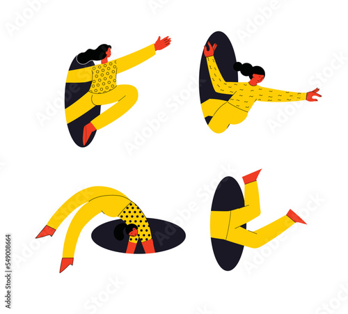 Different people coming, flying, jumping, looking through and out of holes. Happy enthusiastic lively men and women. Search, explore concept. Graphic vector illustration