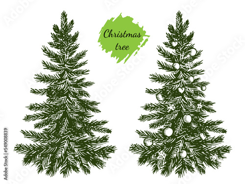 Vector illustration of a Christmas tree decorated with toys on a white background. Vintage hand drawing.