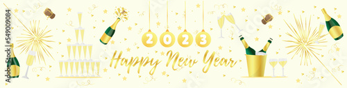 Beautiful greeting card for New Year 2023 with champagne